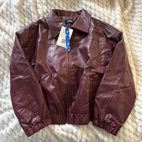 Cider Jackets & Blazers - Cider Burgundy Faux Leather Zip-Up Jacket